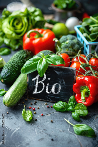 fresh vegetables on the table plate for text with the inscription bio