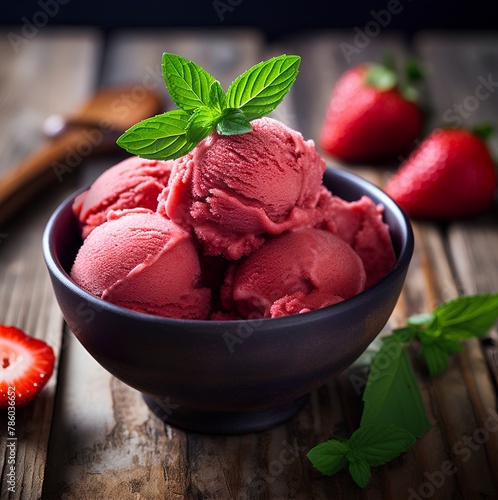 Refreshing strawberry balsamic sorbet on top with mint, gelato ice cream scoops, cinematic food photography 