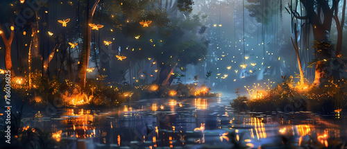 Lightning bugs in beautiful fairytale landscape at night. Generative ai design concept art. © Stockpics