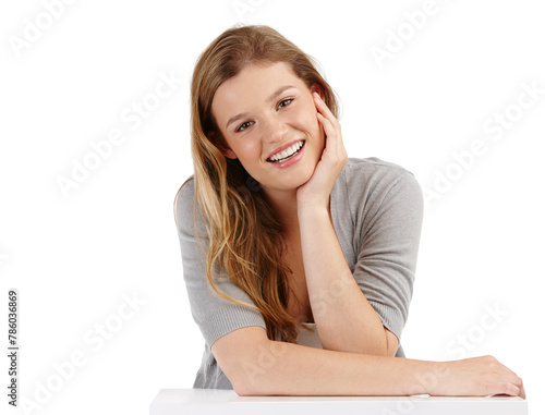 Happy woman, portrait and smile in studio for glow, cosmetics and confident on white background. Gen z, female person and young model inside for makeup, lipstick and hair transformation with pride.
