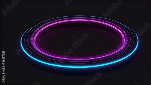 Isolated on a black backdrop, this abstract circle neon light line circular frame is colored blue purple. Modern conception of technology.