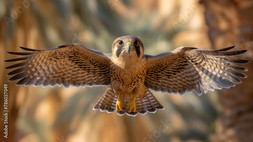 A majestic falcon in action flying towards the lens of the camera