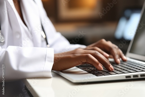 A doctor is typing on a laptop computer