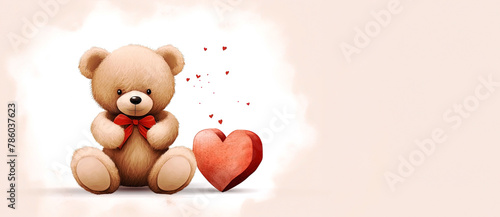Valentine's day background with teddy bear and red heart, panoramic layout. Generative Ai
