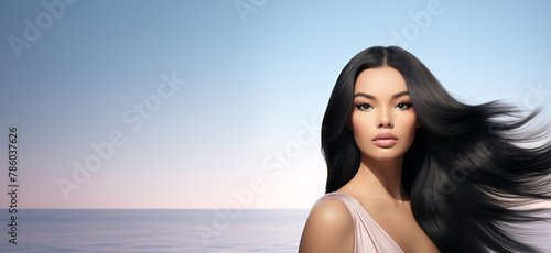 beautiful young asian woman with long black hair over sea background, panoramic layout. Generative Ai