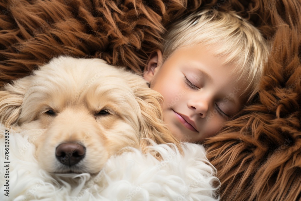 A young boy is hugging a dog with a fluffy coat A young boy is hugging a dog with a fluffy coat