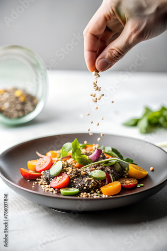 Wallpaper Mural A close-up of a person's hand sprinkling seeds on a salad, with colorful vegetables arranged on a plate, promoting the health benefits of incorporating seeds into meals. Torontodigital.ca