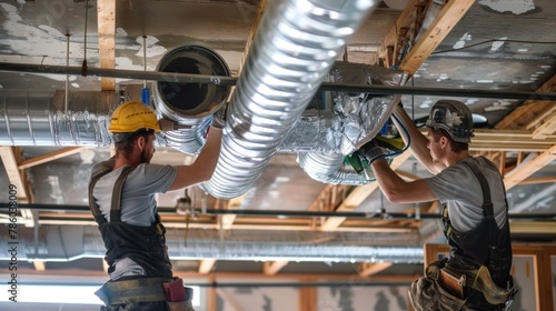 Workers installing HVAC ducts in a newly constructed building.  photo