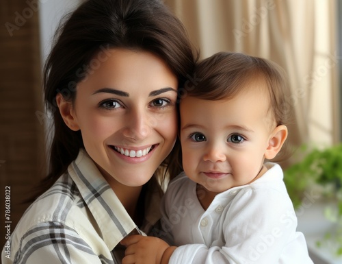 A woman is holding a baby looking at the camera