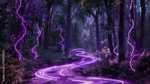 A mystical forest with paths of glittery purple sand and mystical trees made from twisted neon light wires.