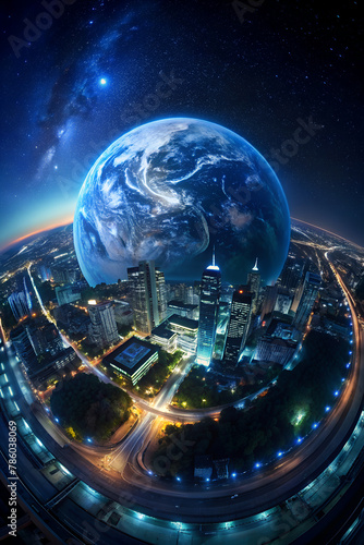 a cityscape at night with a blue planet as its centerpiece
