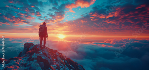 A man is standing on a mountain top, looking out at the sunset