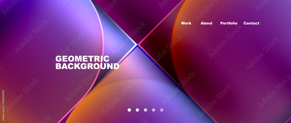 A geometric background featuring a vibrant gradient of purple, violet, and magenta hues. Patterns of triangles and circles create symmetry, accented with electric blue highlights and lens flares