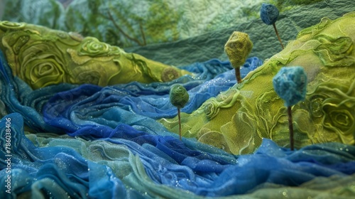 A river valley crafted from streams of layered blue tulle  surrounded by textured green fabric fields and felt trees. 