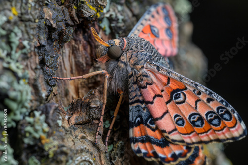 A photograph of a Pink Underwing Moth, its surprising pink and black underwings revealed as it takes photo