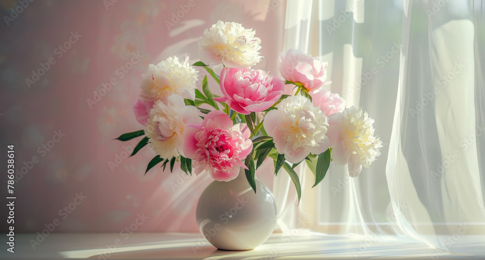 A vase of white and pink flowers sits on a table A vase of white and pink flowers sits on a table