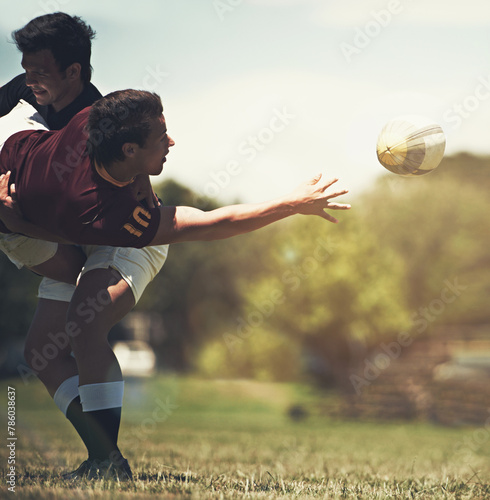 Men, rugby and team with throw on field for training together, practice game and cardio workout. Athletes, teamwork and sports uniform on grass for competition, sunshine and exercise with energy photo