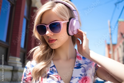 A woman with pink hair is wearing pink headphones