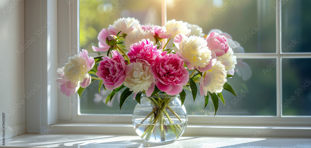 A vase of flowers sits on a window sill A vase of flowers sits on a window sill