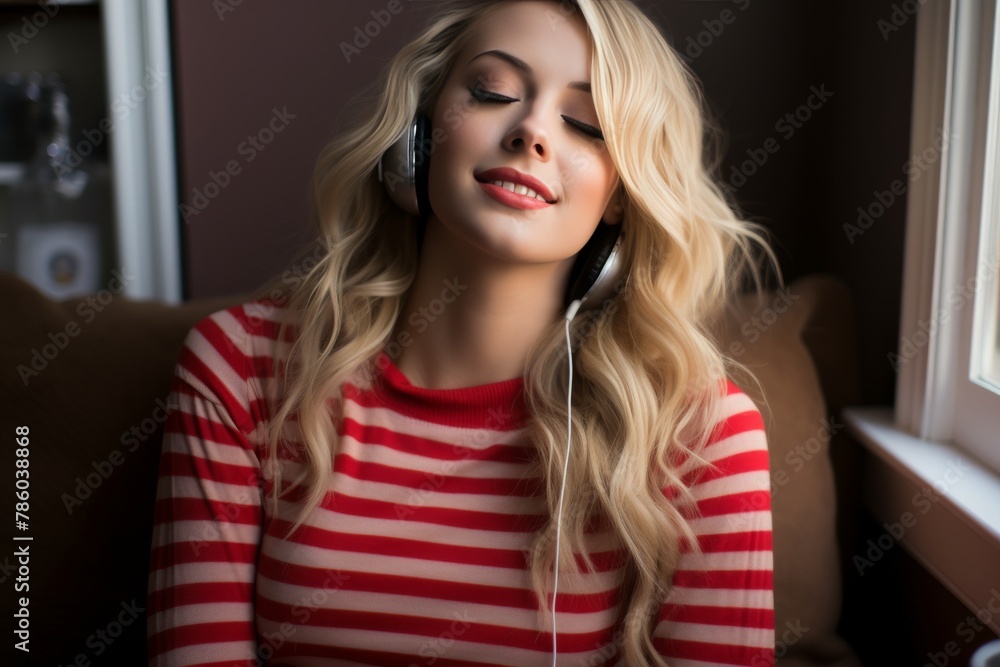 A woman wearing headphones and a red striped shirt is sitting on a couch A woman wearing headphones and a red striped shirt is sitting on a couch