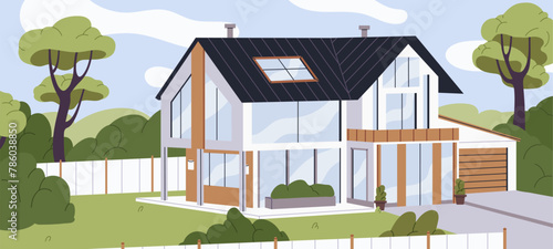 Modern two story house with garage. Facade of residential home with green lawn. Exterior of suburban villa in contemporary style. Front of townhouse real estate with yard. Flat vector illustration
