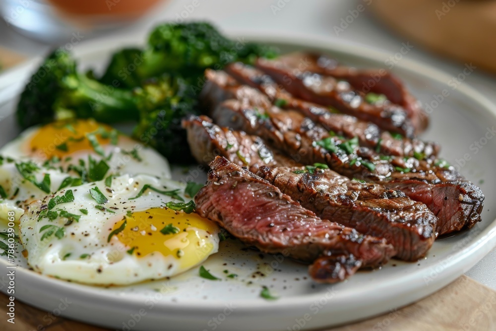 Close-up of a medium-rare steak paired with sunny-side-up eggs and fresh broccoli, garnished with parsley on a white plate Close-up of a medium-rare steak paired with sunny-side-up eggs and fresh broccoli, garnished with parsley on a white plate