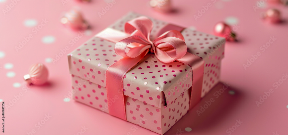 A pink box with a bow on top of it