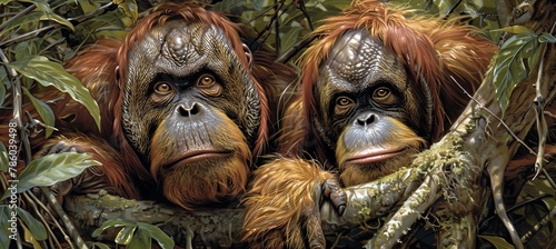 Inquisitive orangutans roaming high in the lush jungle canopy, exploring the dense treetops
