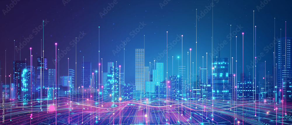 A digital cityscape with skyscrapers and glowing data streams, representing the technological transformation of urban areas. The background is a dark blue to create contrast against the bright lights A digital cityscape with skyscrapers and glowing data streams, representing the technological transformation of urban areas. The background is a dark blue to create contrast against the bright lights