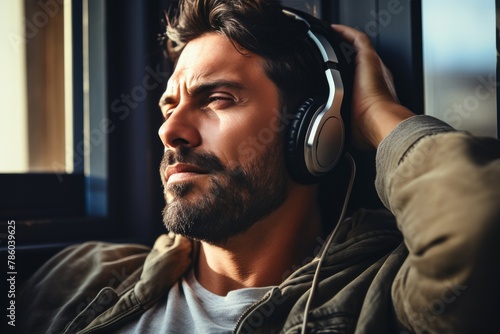 A man wearing headphones is sitting in a chair