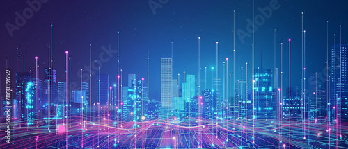  A digital cityscape with skyscrapers and glowing data streams, representing the technological transformation of urban areas. The background is a dark blue to create contrast against the bright lights