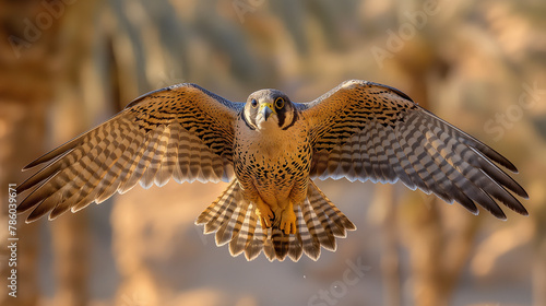 A majestic falcon in action flying towards the lens of the camera photo