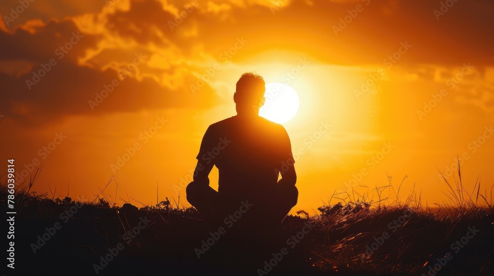 A thought provoking photograph of a man sitting in front of the sun creating a touching silhouette Ideal for projects delving into self reflection and mindfulness - obrazy, fototapety, plakaty 