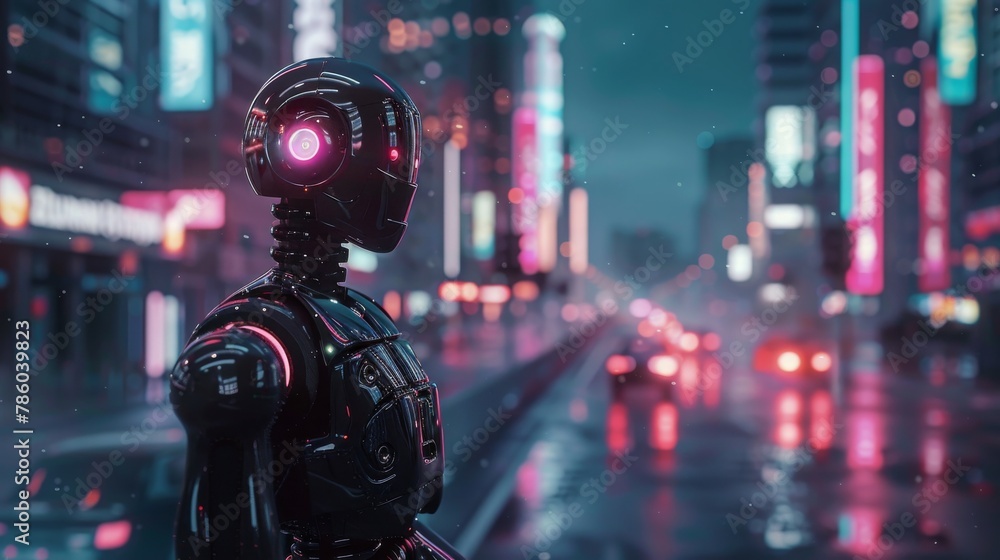 Futuristic android robot with glowing eyes on night city lights
