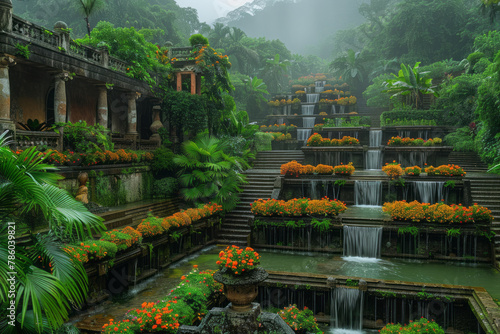 A sweeping view of the Hanging Gardens, showing tiered terraces lush with vibrant foliage, with wate