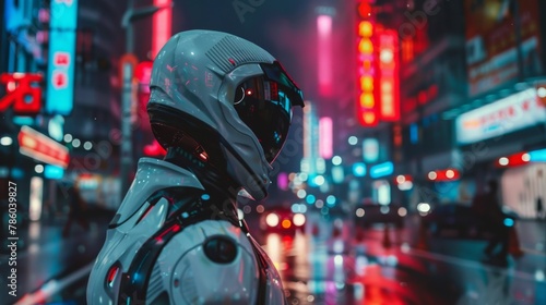 Futuristic android robot with glowing eyes on night city lights