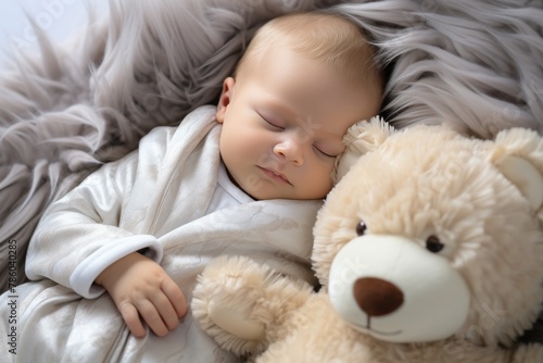A baby is sleeping with a teddy bear