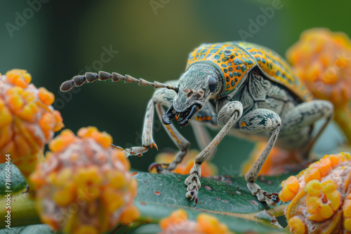An image capturing a weevil gnawing at a nut, its curved snout perfectly adapted for boring into har © Natalia