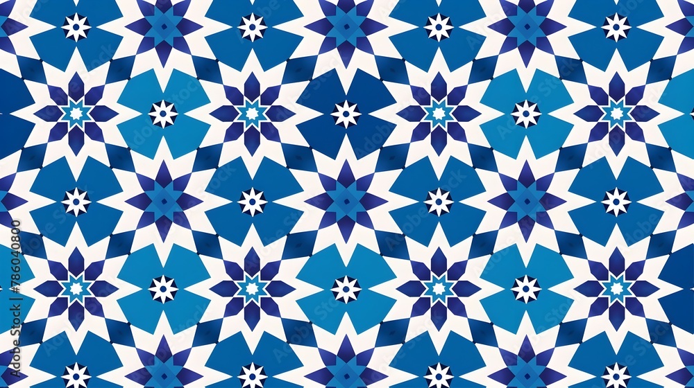 Elegant Moroccan Inspired Geometric Tile Pattern in Bold Blue and White Tones for Trendy Event Invitations and Product Packaging