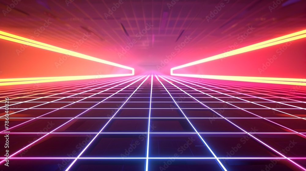 Retro Arcade Grid with Neon Laser Lines Futuristic Digital Art Background for Synthwave and Designs