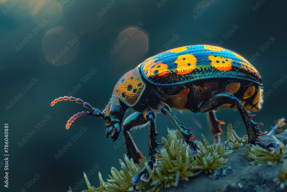 An image of a beetle with a defensive posture, secreting a chemical that colors its body in warning An image of a beetle with a defensive posture, secreting a chemical that colors its body in warning
