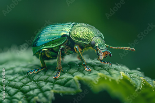 A close-up of a leaf beetle, its green metallic body almost invisible against the leaf it feeds on, © Natalia
