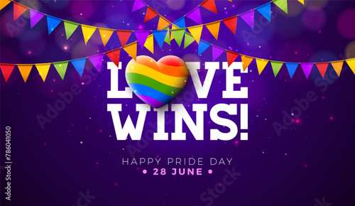 Love Wins. Happy Pride Day LGBTQ Illustration with Rainbow Heart and Colorful Party Flag on Purple Background. 28 June Love is Love Human Rights or Diversity Concept. Vector LGBT Event Banner Design