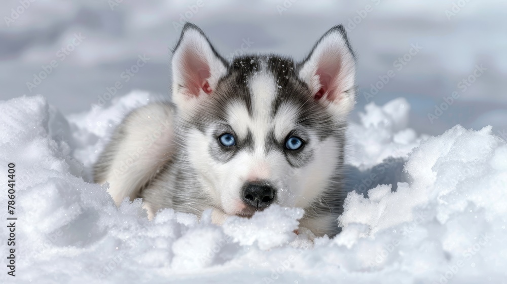 Majestic siberian husky puppy with captivating blue eyes enjoying snowy adventures