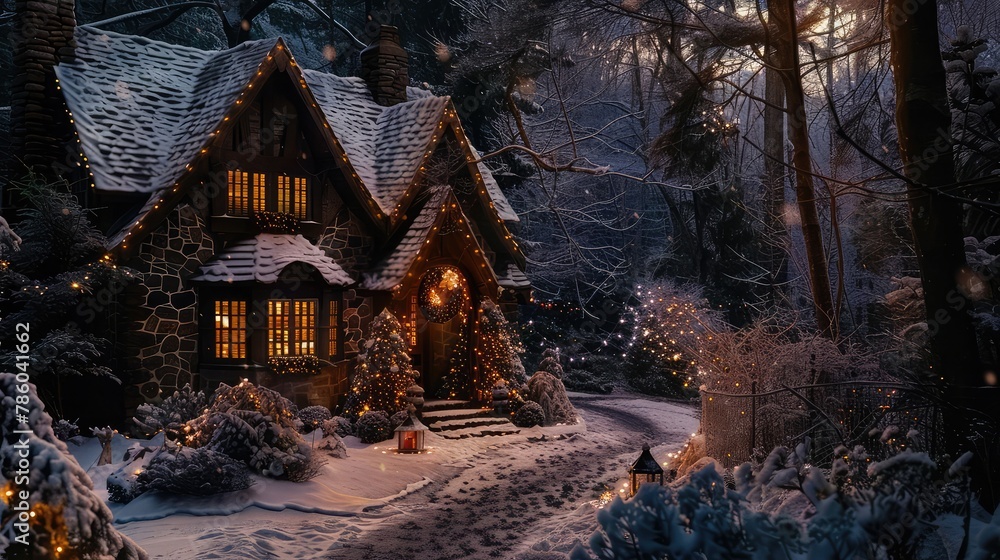 A quaint holiday cottage nestled in the woods, its windows glowing with the warmth of family gathering to celebrate the season together. 8k, realistic, full ultra HD, high resolution, and cinematic