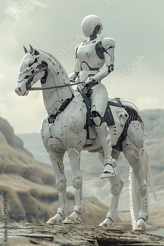 A scifi element of a humantype robot on a white horsetype robot, crossing through a utopian landscape, photo