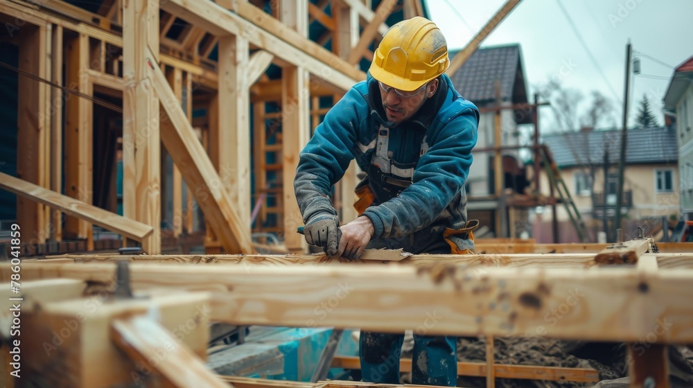 Carpenter constructing wooden framework at construction site Carpenter constructing wooden framework at construction site
