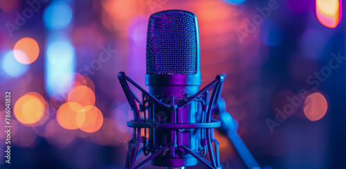 A microphone is on a stand in front of a colorful background