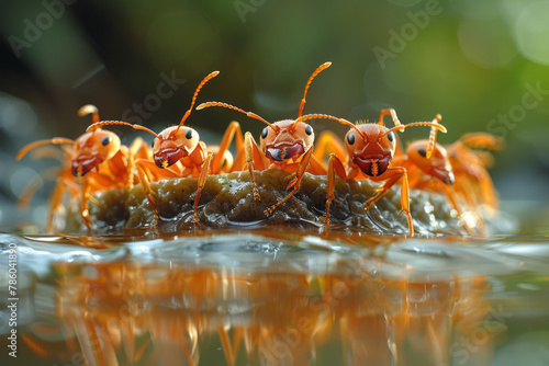 An image of fire ants building a floating raft during a flood, their bodies interlocked in a waterpr photo