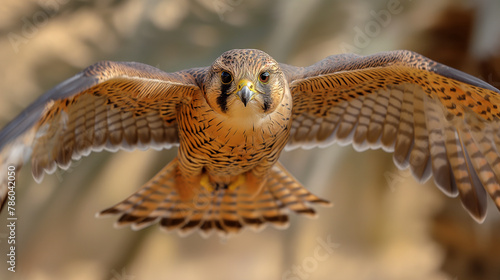 A majestic falcon in action flying towards the lens of the camera